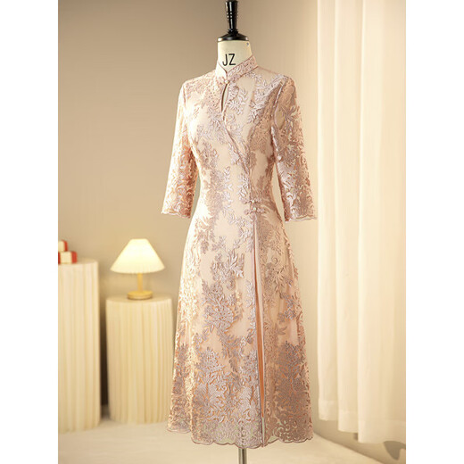 Weixuan bride wedding mother's wear high-end dress new Chinese style cheongsam high-end wedding banquet wedding mother-in-law dress champagne 2XL