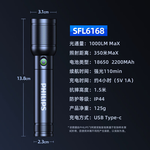 飞利浦手电筒强光远射伸缩变焦强光手电便携家用户外骑行应急灯 SFL6168-强变焦手电筒