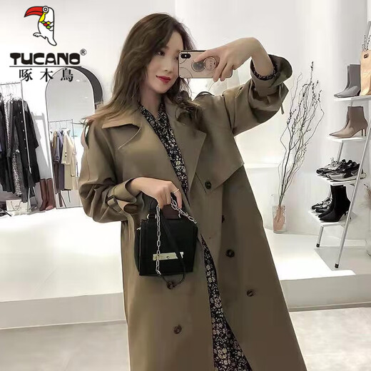 Woodpecker (TUCANO) this year's popular windbreaker 2024 new autumn wear mid-length coat for women over the knee temperament goddess Fan Yinglun style green coffee color 3XL recommended 150-165 Jin Jin equals 0.5 kg to wear
