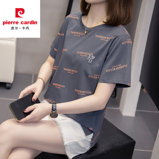皮尔卡丹2025夏装新款大码含棉短袖t恤女韩版显瘦百搭休闲胖mm遮肚子上衣 9928灰色 M 【80-95左右】