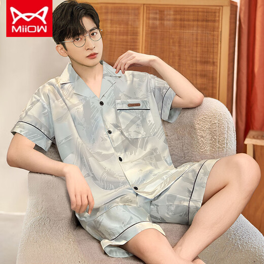 Catman Miiow Summer Pyjamas Männer Eis Seide Kurzarm Sommer dünne kühle Seide Teenager Teenager Home Kleidung Set Ice Seide G834 L Empfohlener Größe 170, Gewicht 100-130