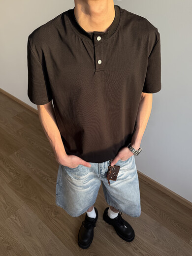 仓石一树 KAZUKI KURAISHI夏季穿搭男美式复古凉感正肩亨利衫短袖T恤老钱风松弛感休闲上衣 浅灰色 XL