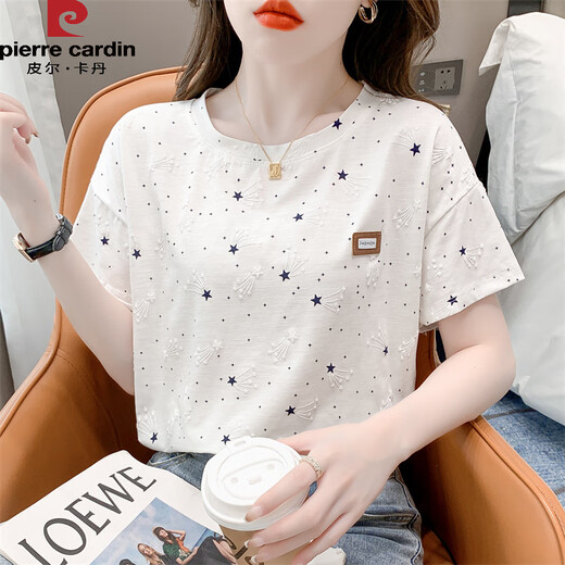Pierre Cardin reines Baumwolldruck-T-Shirt für Frauen kurzärmeliger Sommer 2025 Neues lous Druckdesign Vielseitig T-Shirt Top Trend 1396 Weiß + 2503 Große Buchstaben M geeignet -109jin [Jin entspricht 0,5 kg]