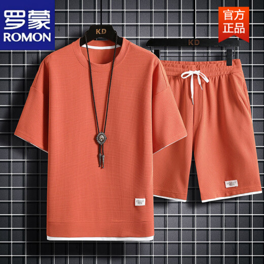 罗蒙（ROMON）重磅华夫格短袖T恤男夏季宽松大码运动短裤套装工作服圆领透气潮 829黑色【套装】 M 100-120斤