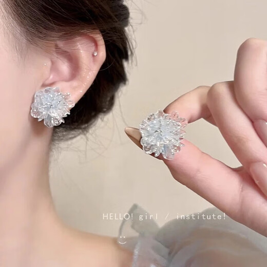 Colorful ice transparent flower earrings for women, sweet, fresh and high-end earrings, high-looking and versatile earrings, blue ice transparent flower, 1 pair