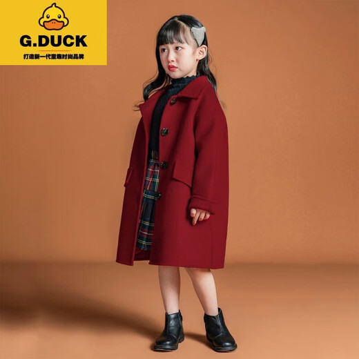 G.DUCKKIDS girls' clothing fashionable red wool jacket winter double-sided cashmere children's Korean version medium-length wool coat red 120 cm