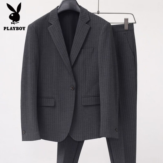 Playboy (PLAYBOY) striped suit suit men's business formal two-piece suit British trend Korean version slim small suit professional dress navy blue double-breasted suit + trousers S /46