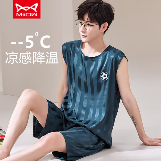 Catman Miiow Summer Ice Seide Pyjamas für Jugendliche dünne extra große Größe Herrenweste ärmellose Shorts Home Clothing Set 9901 Ice Seide M Herrenmodell 80-Jin [Jin entspricht 0,5 kg]