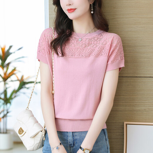 Gemila Thin Ice Seide Kurzärärmelte T-Shirt für Frauen junger Mutter Sommer Hollow 2025 Neues Bauch-Mesh-Top Beige (9201 Modell) S 100jin [Jin entspricht 0,5 kg]