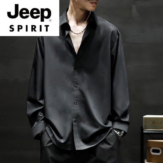 JEEP SPIRIT夏季冰丝薄款白色长袖衬衫外套男大码宽松高级莫代尔免烫垂感衬衣 黑色【冰丝莫代尔短袖】844 S 适合70-100斤