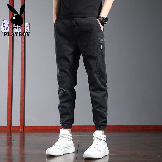 花花公子（PLAYBOY）夏季薄款休闲裤男士潮牌宽松束脚运动裤2025新款夏天工装哈伦裤子 9859黑色 3XL 36码