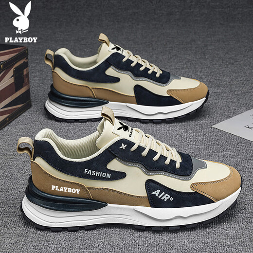 Playboy (PLAYBOY) shoes men's shoes 2025 autumn and winter dad shoes men's thick-soled fashion sports running shoes Khaki 42