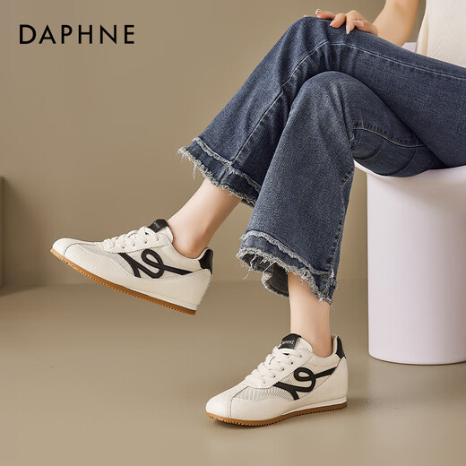 达芙妮（DAPHNE）复古德训鞋女2025新款夏季薄款网面透气小白鞋内增高百搭休闲板鞋 米黑色-透气网面 37