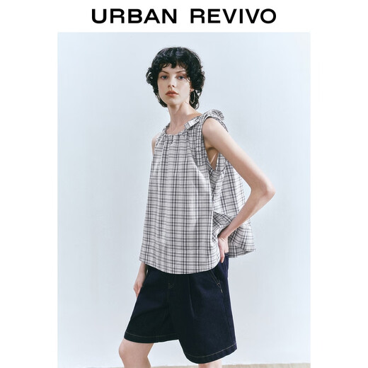 UR2025 Summer New Women's Simple Check Randeveless Tie-Fitting Ship Blous