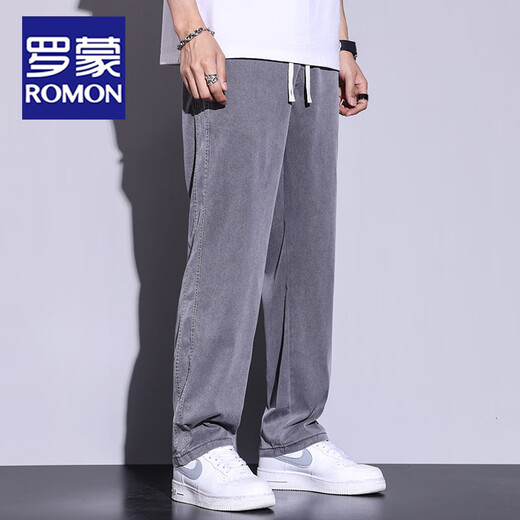 罗蒙（ROMON）夏季薄款天丝牛仔裤男士宽松直筒休闲阔腿裤男冰丝长裤子 连帽1048黑色-HJ连 帽 M