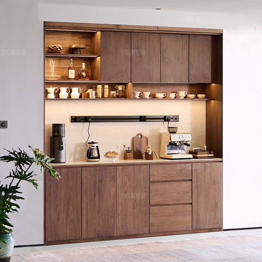 Youthful and trendy wall-to-wall sideboard integrated wall cabinet Black walnut living room wall-mounted multi-functional water bar cabinet Solid wood sideboard 240* (lower cabinet 50 upper cabinet 30)*236~240cm