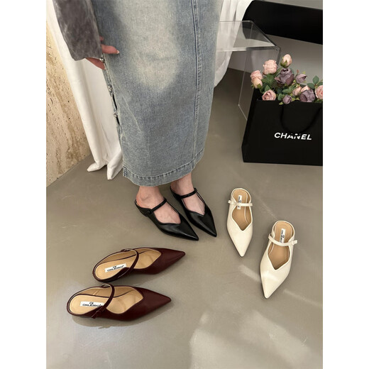 S.Sofea French Baotou Point Sandals Chaussures pour femmes 2025 Spring and Summer Temperament Single Shoes 010-9904 Black 35
