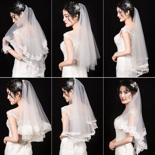 山头林村头纱领证珍珠头纱新娘主婚纱头饰超仙森系结婚盖头珍珠短款小道具 蕾丝花边1.4米左右