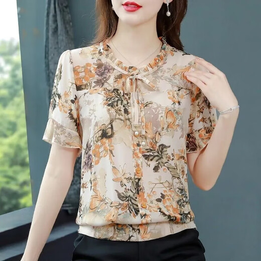 2025 new summer short-sleeved shirt for women's floral chiffon shirt loose slim top mother's fashionable shirt yellow 3XL [Suggested 130-140Jin [Jin equals 0.5 kg]]