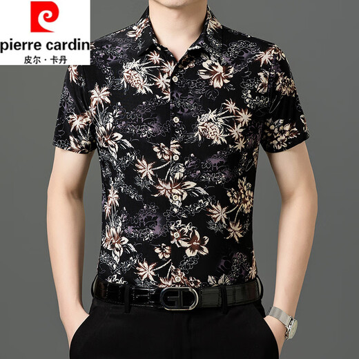 皮尔卡丹（pierre cardin）夏季新款冰丝短袖花衬衫男高级感免烫抗皱休闲印花衬衣中年爸爸装 9898黑色 L 170【120-140斤】