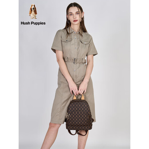 暇步士（Hush Puppies）女包时尚老花双肩包大容量通勤背包女旅行包电脑包学生书包官方正 经典咖色