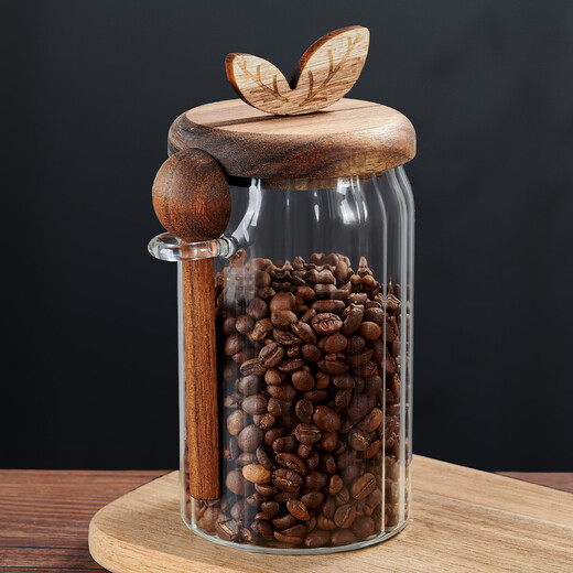 LeCali glass coffee powder sealed jar coffee bean storage jar portable food grade tea storage storage jar with spoon jar high borosilicate glass 800ml-with wooden spoon