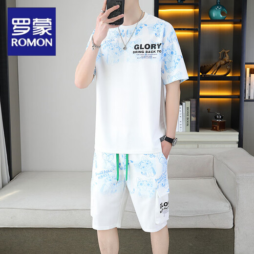 Romon 2025 summer new gradient color short sleeve men's suit youth versatile shorts men casual sports suit men 6187 blue L