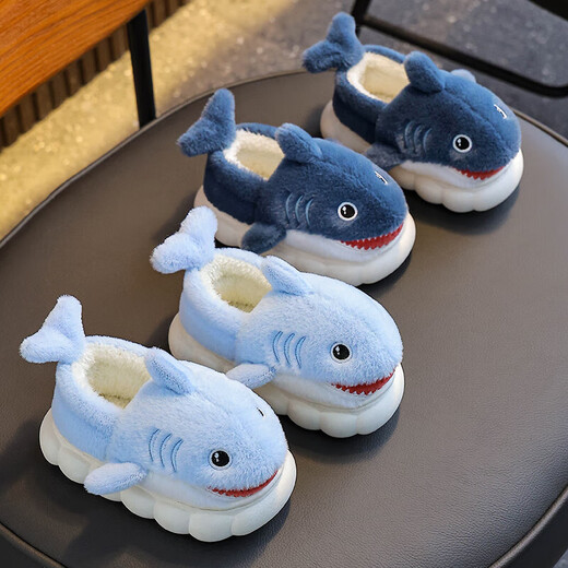 Winter children's cotton shoes, boy's shark bag heel, warm and furry, cute girl's home baby anti-slip cotton slippers, upgraded version of environmentally friendly material blue (heel bag), size 12 34/35 (shoe inner length 20CM, suitable for feet 19