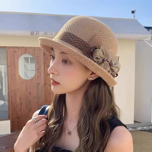 时尚英伦花朵礼帽女夏季遮阳防晒帽子法式卷边太阳帽户外网纱盆帽 紫色