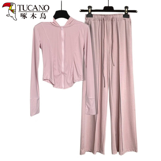 Woodpecker Internet Celebrity Street Street Age Reduktion Anzug für Frauen 2025 Sommer langärmelige Sonnenschutzkleidung modische Freizeitsport-Weitbein-Hosen zweiteiler rosa Top + Grey Hosen [zwei] l