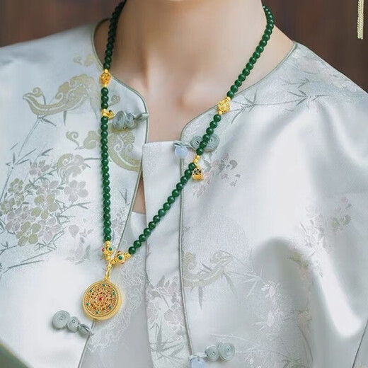 BMOI Old Phoenix 999 Gold Pure Gold Necklace Sweater Chain Green Agate Eight Treasures Compass Pendant Necklace Women's Time Comes to Turn