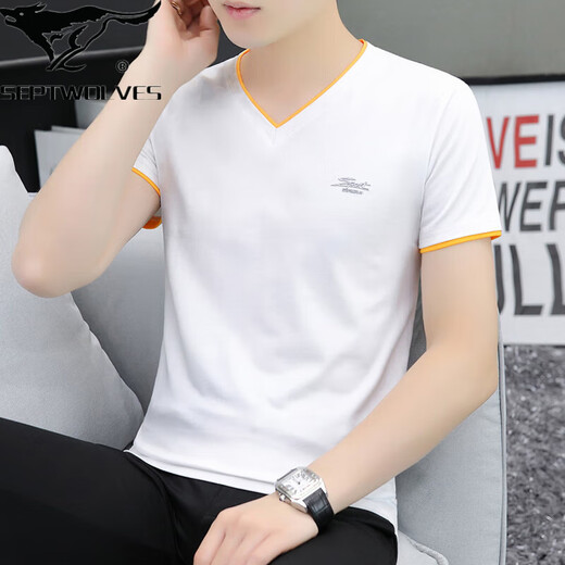 Septwolves popular high-quality V-neck men's pure cotton short-sleeved T-shirt men's slim casual versatile half-sleeved shirt tops bottoming shirt white Q691 short-sleeved M recommended 90-100Jin Jin equals 0.5 kg