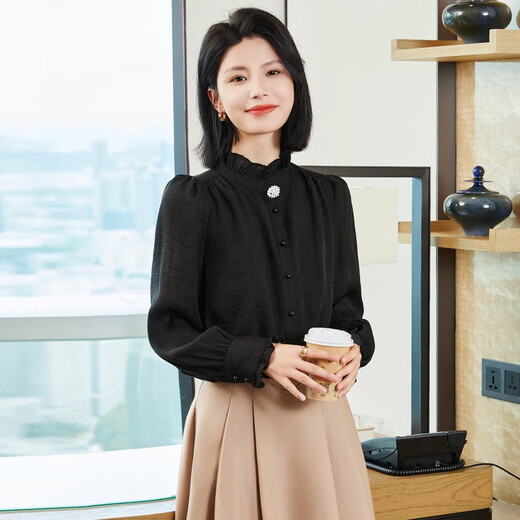 xcfreht秋季新款时尚立领黑色衬衫女正装宽松法式木耳边职业装女士衬衣 1098黑色半裙 S
