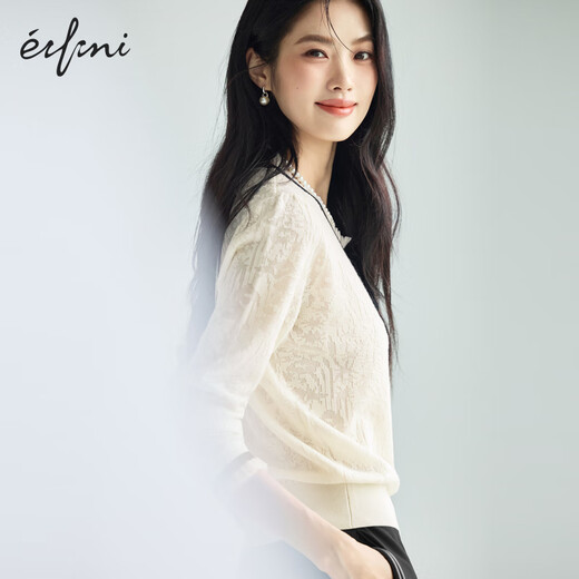 
Eifli (eifini) Eifli exquisite lace-up round neck contrasting bow mulberry silk jacquard sweater knitted sweater 2025 autumn new style beige M
