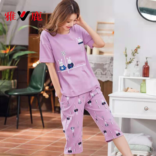 雅鹿新款睡衣女2025夏季纯棉短袖七分裤薄款可外穿卡通家居服套装 七分裤679巴比熊套装D M 女75-95斤左右
