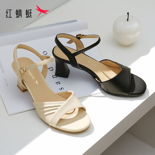红蜻蜓闰月鞋羊皮高跟鞋25夏季粗跟女鞋鱼嘴鞋通勤凉鞋WFK25030 黑色 39