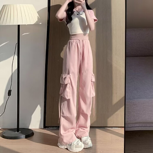 
Casual simple dopamine wear work pants for women in spring and summer drawstring hip-hop thin style wide-leg floor trousers MY-687 black L