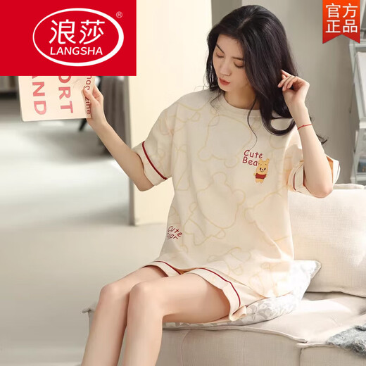 浪莎（LangSha）2025睡衣女夏季纯棉短袖短裤薄款夏天可爱甜美可外穿家居服套装 YX-7512 9855 M 【建议80-100斤穿】