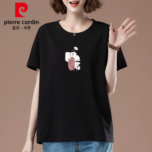 Pierre Cardin fat mm camiseta de manga corta verano de mujer talla grande algodón suelto madre de mediana edad adelgazante top versátil negro 9896 algodón 95% spandex 5% L 100-115Jin Jin equivale a 0,5 kg