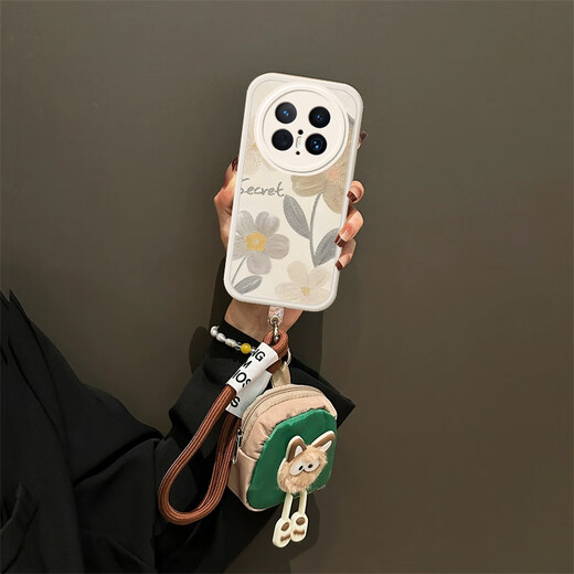 Simplified color official is suitable for Huawei Mate70Pro mobile phone case with anti-fall, lanyard storage coin wallet mate60pro+ oil painting flowers light luxury women's silicone all-inclusive lambskin protective case Huawei MATE60PRO+[White-brown oil painting flowers]
