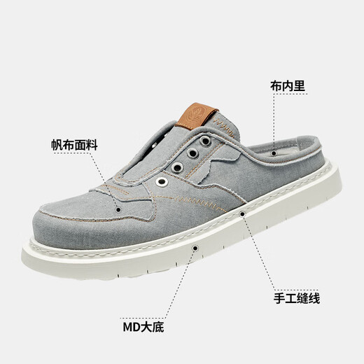 枫叶（leaveland）一脚蹬帆布鞋男夏季简版时尚透气半包拖鞋男防臭软底男士休闲鞋 灰色（皮鞋码） 41