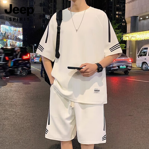 JEEP SPIRIT休闲运动套装男夏季薄款宽松冰丝短袖t恤搭配帅气男士短裤 FKS653卡其色套装 L