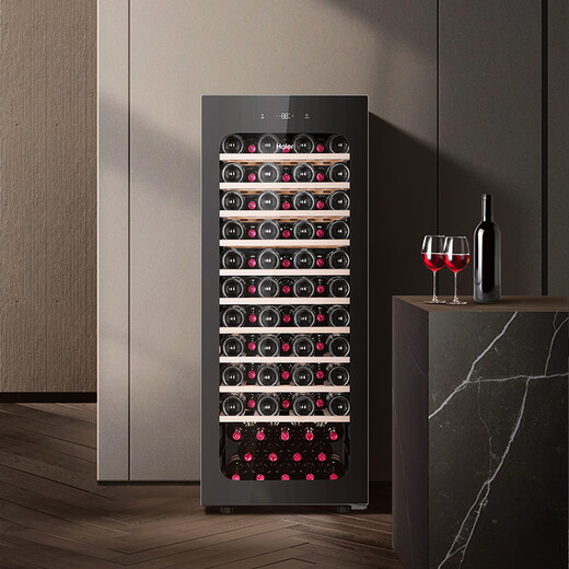Haier home red wine cabinet, vertical humidifier, refrigerated fresh-keeping cabinet, air-cooled cabinet, wine wine cabinet, refrigerated fresh-keeping display cabinet, tea cigar cabinet, first-class energy efficiency, 195 liters, 84 bottles, full space temperature equalization + electronic temperature control, piano black