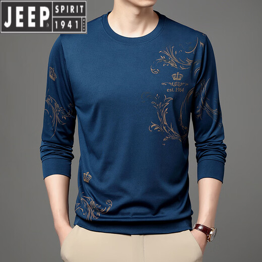 JEEP SPIRIT中青年男士夏季冰丝长袖t恤薄款圆领2023新款中年男打底衫体恤潮 B6627上青 L 170/110/50120-135斤