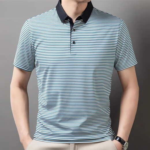TOMMY JEANS men's lapel short-sleeved T-shirt summer striped young and middle-aged business casual POLO shirt ice silk breathable top Navy blue 13691 S 165