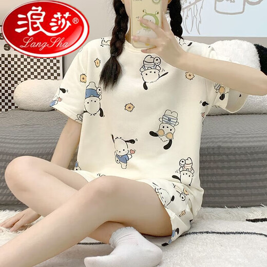 Langsha cotton pajamas for women short-sleeved cartoon round neck loose large size shorts student home clothes summer thin suit skin color 1047 puppy M