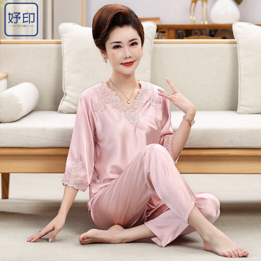 Yuyin Mom Pajamas Nuevo seda de primavera y verano de primavera y verano de la manga larga de la manga larga de mediana edad y ancianos