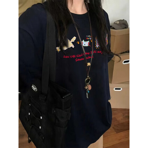 Nasawassup offizielles Co-Branding-T-Shirt aus reiner Baumwolle mit rechter Schulter in Marineblau, kurzärmeliges T-Shirt für Herren, Sommer 2025, neues Design, Sinn für Nische, lose, Marineblau DY2629-DYG M empfohlen 80Jin Jin entspricht 0,5 kg -110Jin Jin entspricht 0,5 kg