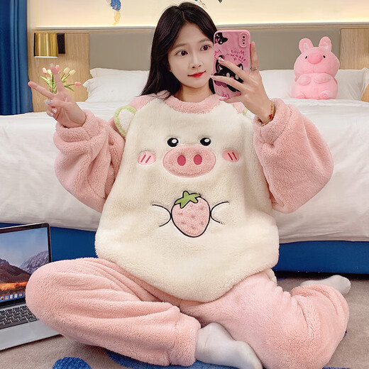Slim and Chia Coral Velvet Pajamas for women in spring, autumn and winter thickened warm sweet and cute flannel student home clothes set cartoon 3271 Blue Rabbit M