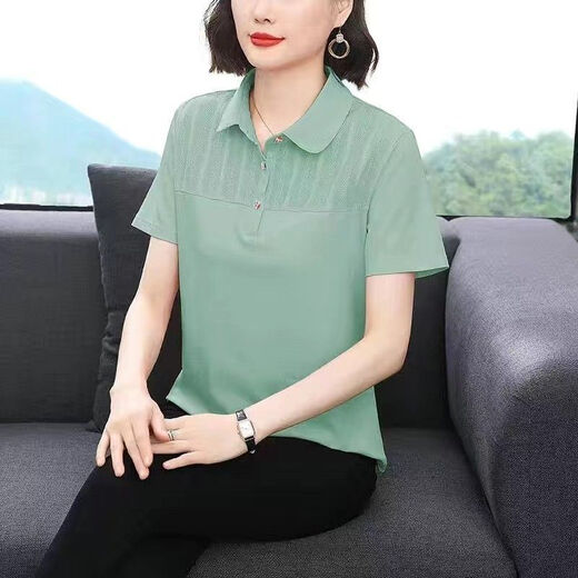 恒源祥（HYX）纯.棉中年妈M妈polo衫短袖女2025夏季新款洋气时尚大尺码女士T恤 豆绿色 2XL 120-130